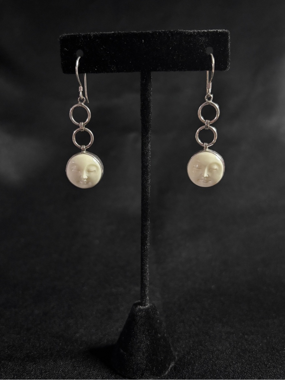 Silver 925 Cream Full Moon Face Goddess Hooks And Linked Rings Dangle Earrings - Picture 6 of 7
